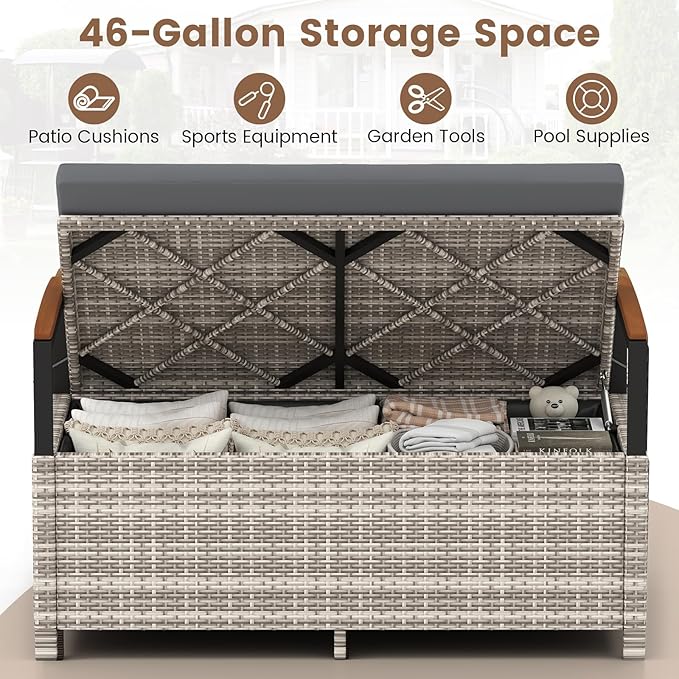 RELAX4LIFE Wicker Outdoor Storage Bench, Rattan Deck Box w/Protective Liner for Patio Furniture Pillows & Garden Tools, Porch Loveseat with Seat Cushion, Acacia Wood Armrests (Grey)