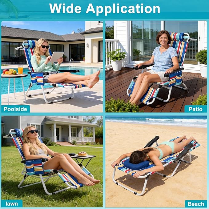 ABORON Tanning Chair with Face Hole, 5-Position Adjustable Reclining Beach Lounge Chair, Folding Face Down Sun Lounger for Beach, Poolside, Patio, Lawn, Home(Multicolor Stripes)