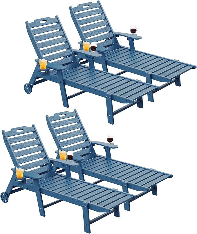 Carauci Lounge Chair Outdoor Set of 4, HDPE Chaise Lounge with Wheels, 5-Position Adjustable Backrest & 2 Cup Holders Patio Lounge Chair, All-Weather Pool Sun Lounger for Poolside, Backyard, Blue
