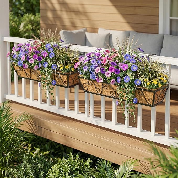 6pcs 30 Inch Window Deck with Coco Liner, 30" Window Boxes Horse Trough with Coconut Coir Liner, Metal Hanging Flower Planter Window Basket Deck Railing Planter Boxes for Outdoor Indoor Lawn