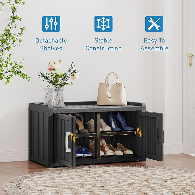 2-Tier Storage Bench, Waterproof UV-Resistant Outdoor Shoe Storage Cabinet with 2 Doors & Adjustable Shelves for Indoor Outdoor Entryway, Hallway, Living Room (Raven Black)