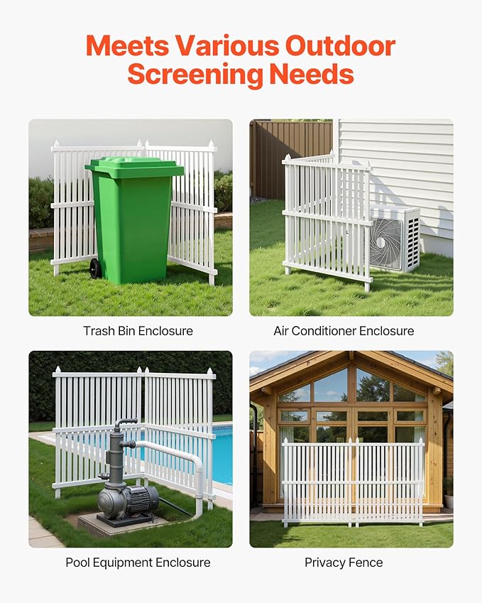 VEVOR 2 Panels Outdoor Privacy Screen, 36 x 45 in Air Conditioner Fence with 19.7 in Ground Stakes, Pool Equipment Enclosure, Strip Vinyl Privacy Fence, Ideal for Trash Can and A/C Units, White