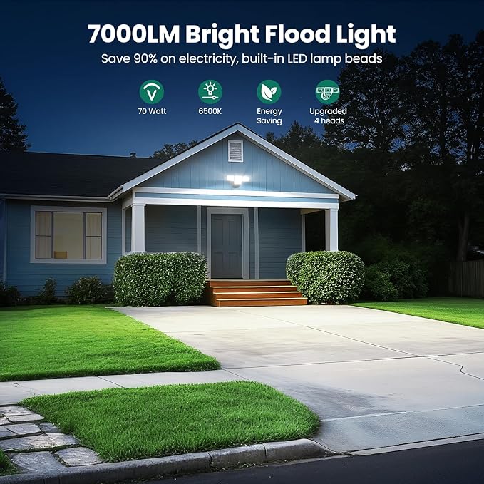 70W 7000LM LED Flood Lights Outdoor 2 Packs, Switch Controlled Security Lights with 4 Heads, Adjustable Heads, 6500K Daylight IP65 Waterproof Outside Wall Light for Backyard, Yard, Garage, Patio