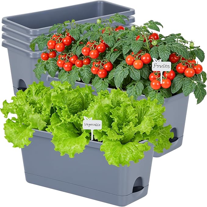 Window Box Planter 6 Packs, 13.8 Inches Rectangle Flower Pots with Drainage Holes & Trays, Pots for Vegetables, Herbs, Flowers, Garden Windowsill Balcony (Grey)