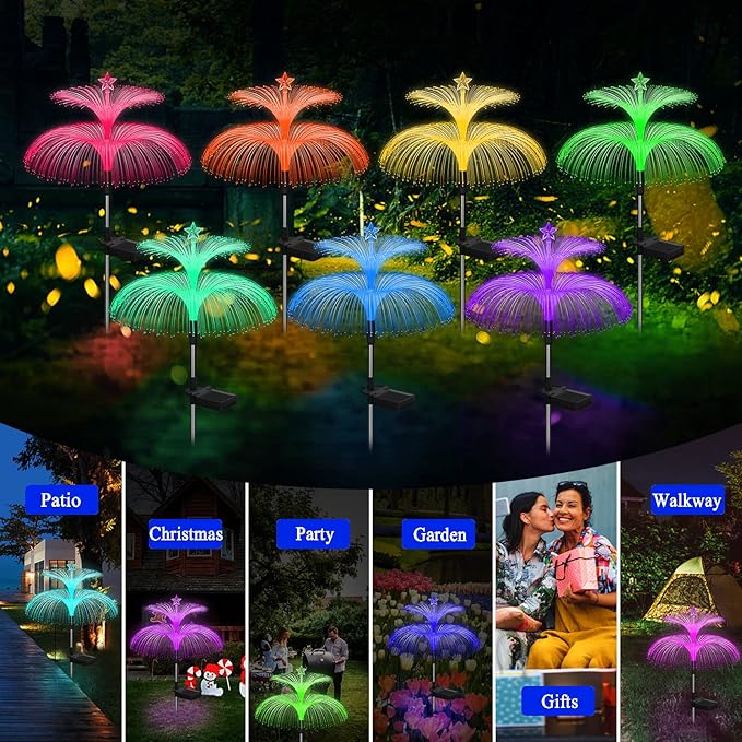 Solar Garden Lights 6 Pack New Upgraded Solar Lights Outdoor Waterproof 7 Color Changing Double Jellyfish and Star Flower Garden Decor Yard Lawn Christmas Decorations, Gifts for Women Mom