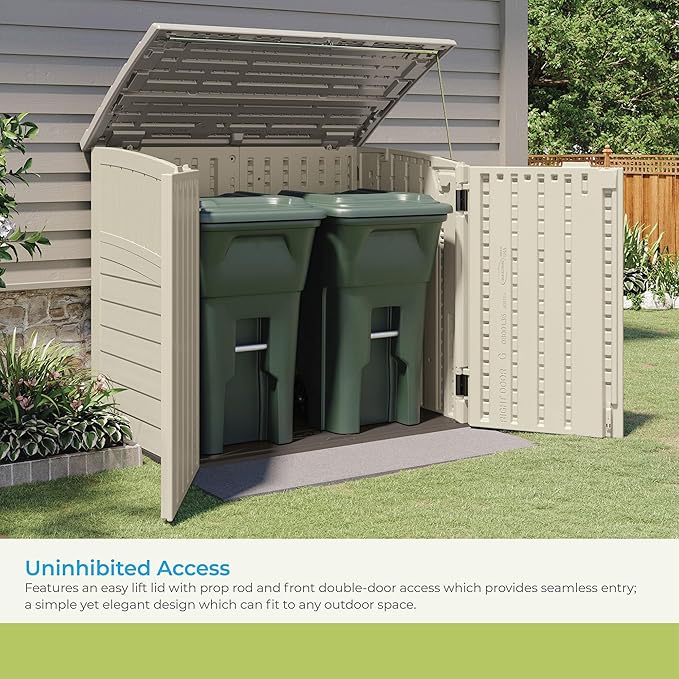 Suncast 34 Cu Ft Horizontal Resin Plastic Storage Shed - Outdoor Storage Shed with Floor Included, Lockable, Weatherproof, Fits Small to Medium Trash Cans, Generators, & Garden Tools, Vanilla Stoney