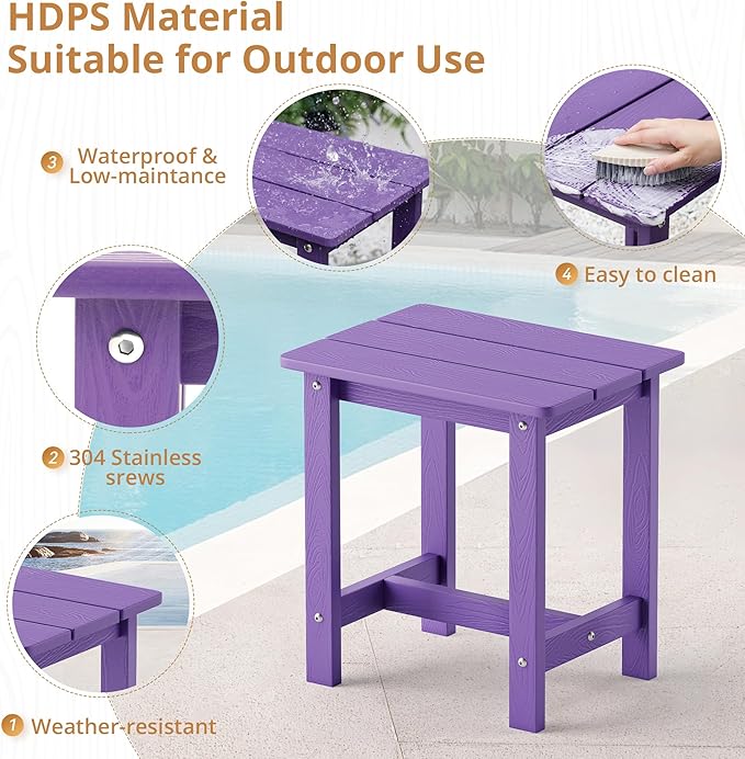 LUE BONA Outdoor Side Table Set of 2, HDPS Small Outdoor Table, Adirondack Side Table, Outside End Table for Patio, Porch, Deck, Pool, Weather Resistant/Easy Maintenance, Purple