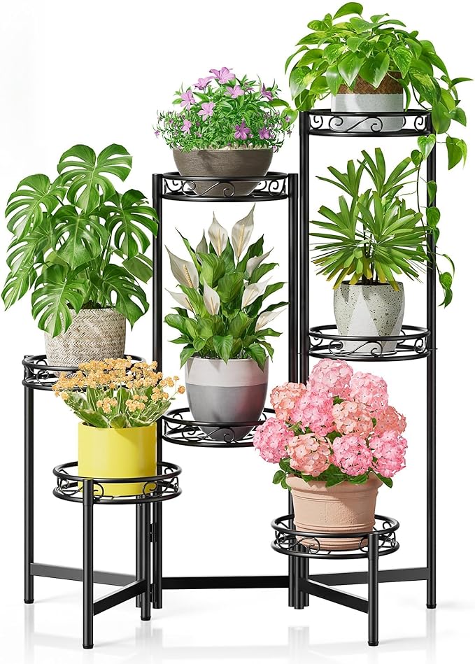 Metal Plant Stand, 7 Tier Tall Wrought Iron Plant Shelf Holder for Indoor, Outdoor Folding Tall Display Rack Flower Pot Stand for Corner Office Balcony Patio - BlackCircle