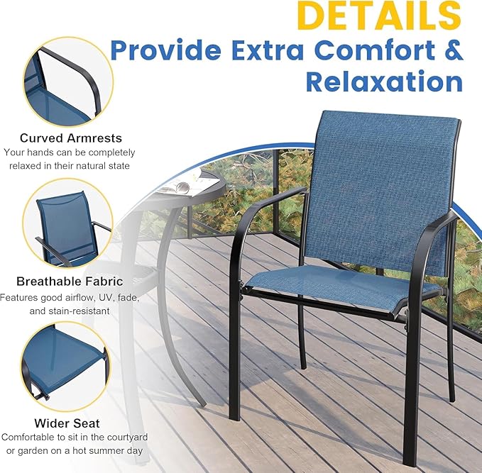 VICLLAX 5 Pieces Patio Dining Set for 4, Outdoor Furniture Set Includes 40.7" Round Patio Table and 4 Patio Stackable Chairs, Black Tabletop and Blue Fabric