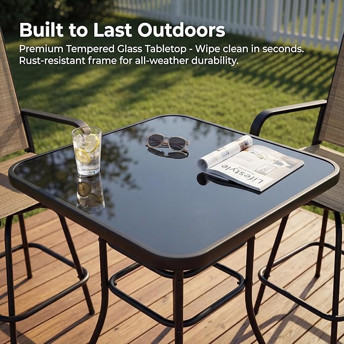 Homall 3 Piece Outdoor Patio Swivel Bar Stools Set, High Top Table with 2 Textilene Fabric Chairs, Counter Height Bistro Furniture for Balcony, Backyard, Poolside, Brown