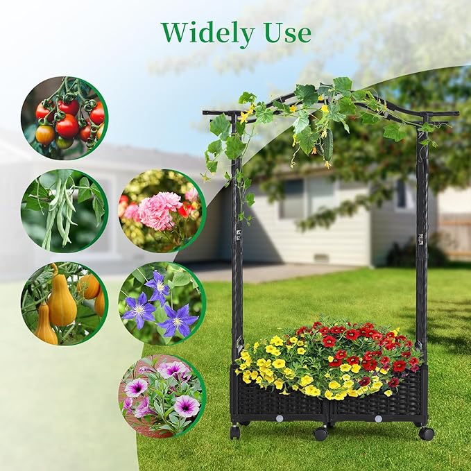Planter Box with Trellis Outdoor, 57in Plastic Raised Garden Bed with Trellis Hanging Roof for Vine Flower, with Lockable Wheels & Drain Plug for Patio Backyard Balcony, Black, 1 Pc