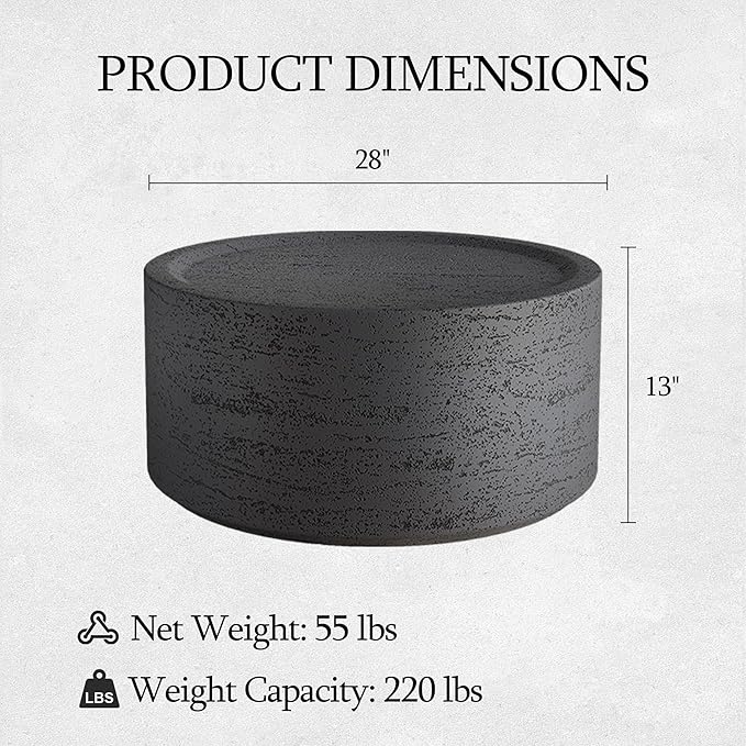 UPHA Outdoor Round Coffee Table, Small Modern Minimalist Accent Tables, Low Light Concrete Center Table for Living Room, Outside Patio, Deck, 28×28×13, Dark Grey