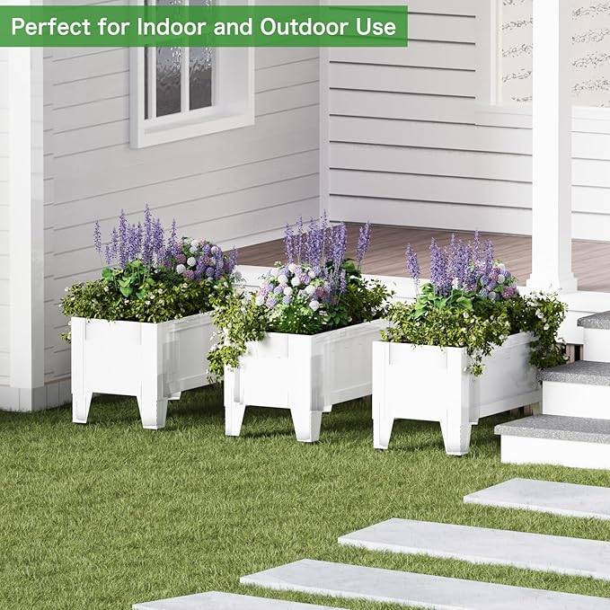Elevated Metal Planter Box Stand Heavy Duty Raised Garden Bed for Vegetables Flowers Herbs Indoor Outdoor Use, White