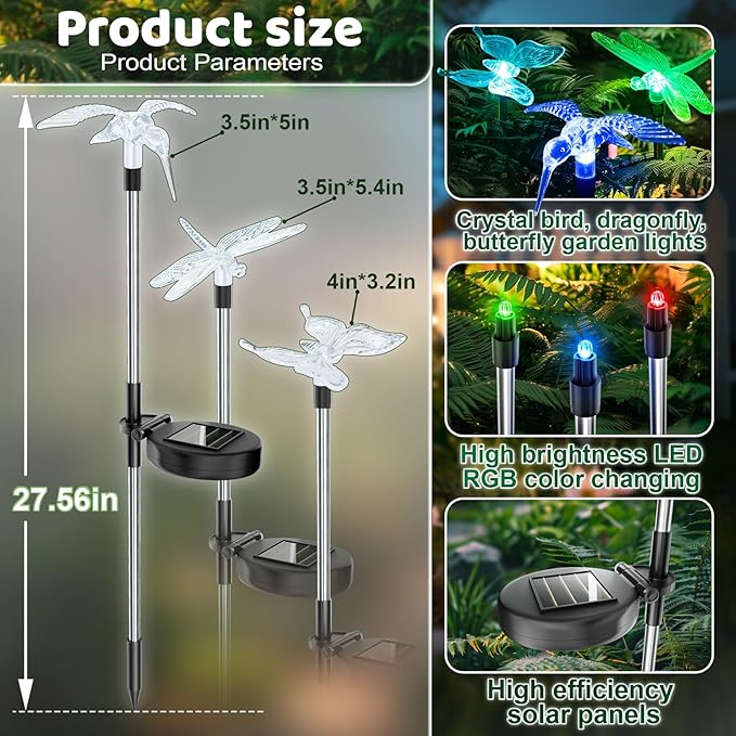 Anordsem Solar Garden Lights Outdoor: 3 Waterproof PVC Insect Stake Light Heads - Changeable Color LED Lighting for Gardener Yard Decoration - Christmas Gifts for Homeowners Over 30