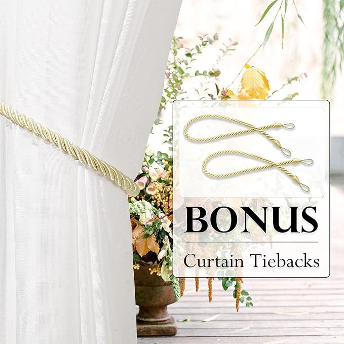 RYB HOME Sheer Curtains for Patio Outdoor, Linen Textured White Panel Grommet Top Waterproof Light Diffused Drapes for Porch Gazebo Deck, 2 Pieces with Tieback Ropes, W52 x L 96 inches