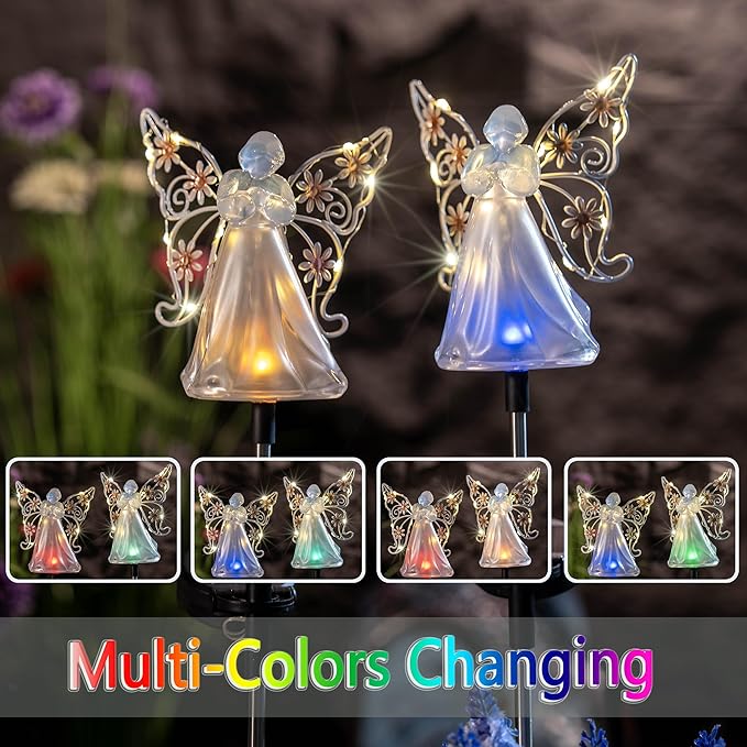 Solar Angels for Cemetery Grave Sympathy Memorial Remembrance Gift Solar Angels for Outside as Yard Decorations Lawn Ornaments Solar Garden Decor, Angel Gifts for Women 2 Pack (Pink Flower)
