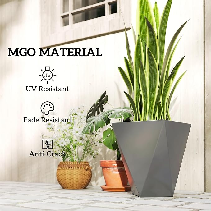 Outsunny Set of 3 Tall Planters, 18", 15.25", 11.75", MgO Indoor Outdoor Planters with Drainage Holes, Stackable Flower Pots for Garden, Patio, Balcony, Front Door, Gray