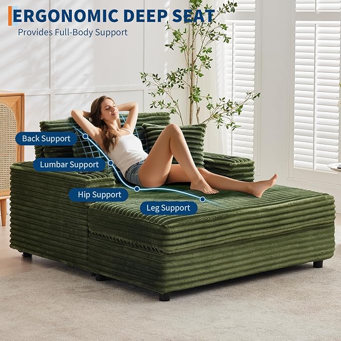 GarveeHome Oversized Chaise Lounge Chair Indoor, 56x60 in Comfortable Corduroy Lounge Sofa with Charging Ports & Cup Holders, Cozy Reading Couch for Bedroom Living Room Apartment, Green