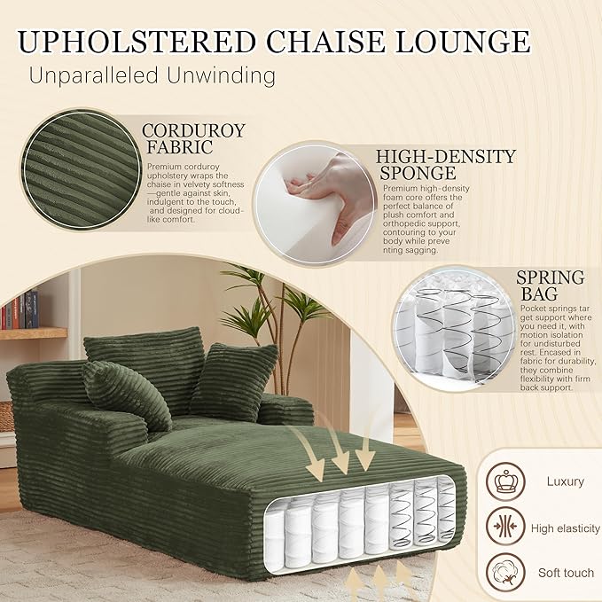 80 Inch Chaise Lounge Chair Indoor, Oversized Corduroy Upholstered Boneless Sofa Bed, Deep Seat Sleeper Couch Reading Chairs, Cloud Sofas Couches for Living Room, No Assembly Required (Olive Green)