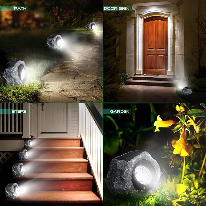 4 Pack Solar Rock Lights Outdoor, Angle Adjustable Solar Lights Outdoor Waterproof, LED Solar Garden Lights, Auto On/Off Landscape Lighting for Yard Pathway Patio Flower Bed - White Glow (Stone Gray)