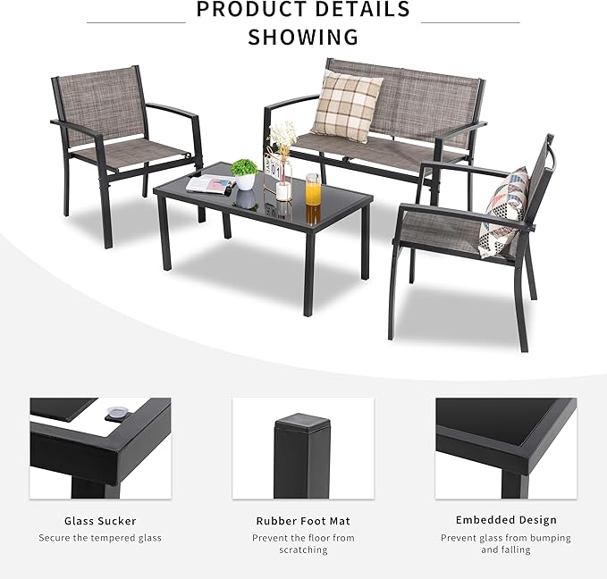 Shintenchi 4 Pieces Patio Furniture Set All Weather Textile Fabric Outdoor Conversation Set, with Glass Coffee Table, Loveseat, 2 Single Chairs for Home, Garden, Lawn, Porch（Light Brown）