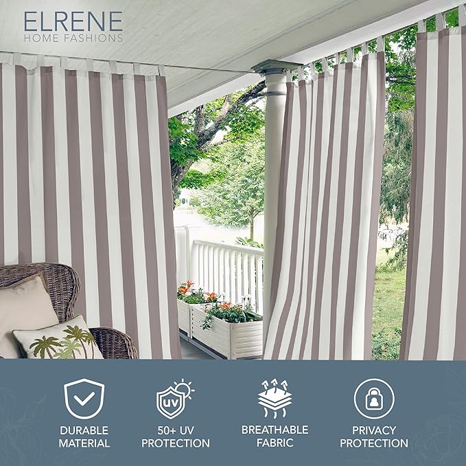 Elrene Home Fashions Highland Stripe Indoor/Outdoor Curtain Panel, 50 inches X 95 inches, Gray & White