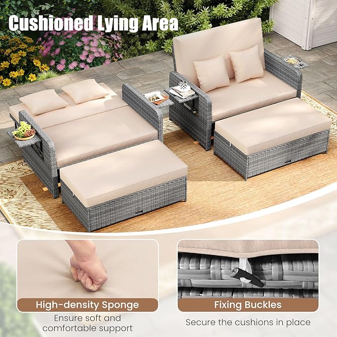 Tangkula Patio Rattan Daybed with 4-Level Adjustable Backrest, Outdoor PE Wicker Loveseat with Storage Ottoman & Folding Side Table, Double Sunbed for Balcony, Backyard & Poolside, Beige & Grey