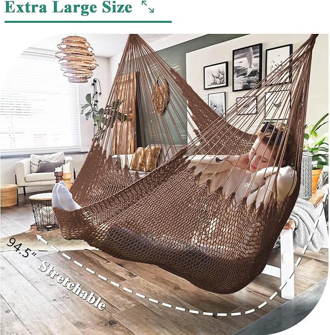 Upgraded Caribbean Hammock Chair with Detachable Metal Bar, Large Hammock Swing Chair, XL Rope Hanging Chair for Outdoor Indoor, 330 LBS Weight Capacity, SaddleBrown