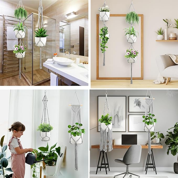 Macrame Plant Hangers, 6Pack Hanging Plant Holders Indoor w/ 6 Set Hooks Handmade Cotton Rope Plant Hangers Set Flower Pots Holder Stand Boho Home Decor Hanging Planters for Indoor Outdoor Plants