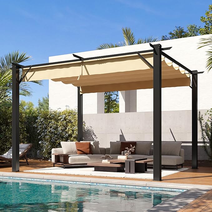 Aoxun 10'x12' Outdoor Pergola, Patio Aluminum Pergola with Upgraded Retractable Canopy, Heavy Duty Metal Pergolas and Gazebos with Adjustable Sun Shade Cover for Modern Backyard, Deck, Garden