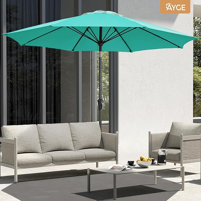 Ayge 9FT Large Outdoor Patio Umbrella Market Table Umbrella-UV Resistant, Easy Push Button Tilt and Crank, 8 Sturdy Fiberglass Ribs Heavy-Duty Pool Umbrella for Deck, Backyard,Garden,Turquoise