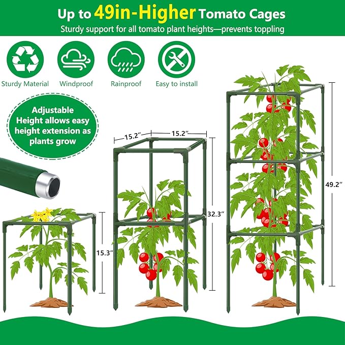 3 Set Square Tomato Cages with 18 Gallon Grow Bags, 49'' Tall Heavy Duty Steel Tomato Trellis Kit for Garden, Plant Support Tower Stakes Cucumber Pepper Trellis for Climbing Vegetable Flowers