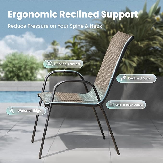 PHI VILLA Patio Chairs Set of 6, Outdoor Stackable Dining Chairs with E-Coating Metal Frame and Upgraded Textilene Fabric, All Weather Deck Chair 350 LBS Capacity for Porch Poolside Garden