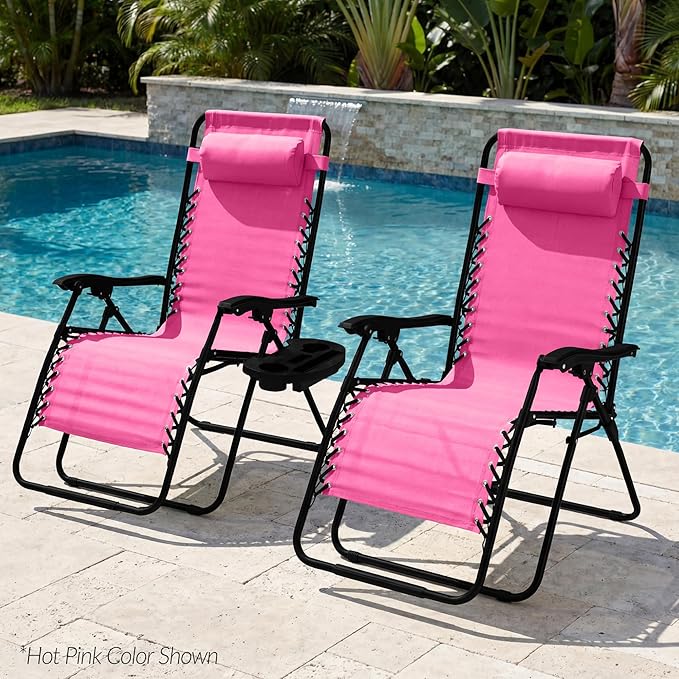 Best Choice Products Set of 2 Extra Wide Adjustable Steel Mesh Zero Gravity Lounge Chair Recliners w/Pillows and Cup Holder Trays - Flamingo Stripes/White
