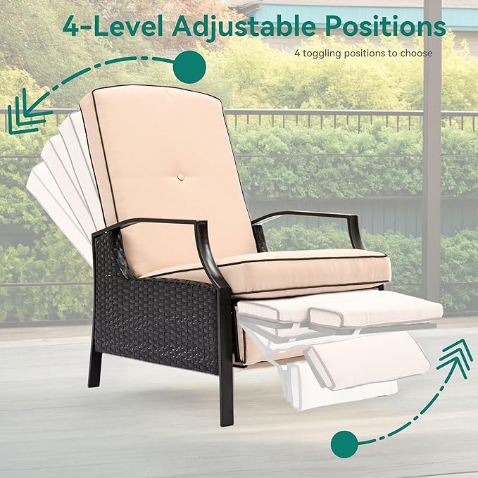 YITAHOME Outdoor Recliner Chair, 2-Piece Patio Adjustable Wicker Reclining Lounge Chairs, Dual-use Rattan Furniture Set with Soft Thick Cushions, Extended Footrest, Flip Back, Brown & Beige