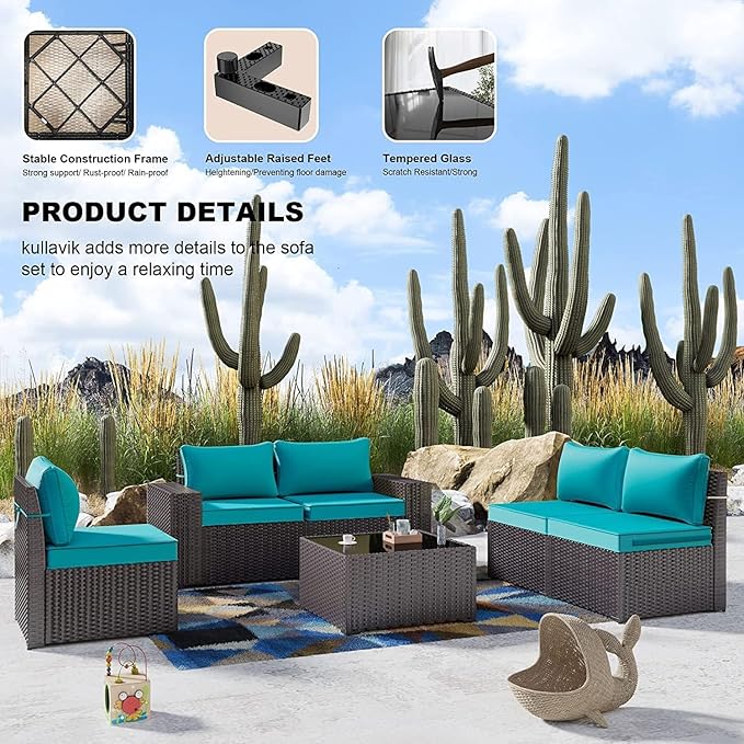 Kullavik 13PCS Outdoor Patio Furniture Set with 43" 55000BTU Gas Propane Fire Pit Table PE Wicker Rattan Sectional Sofa Patio Conversation Sets,Blue