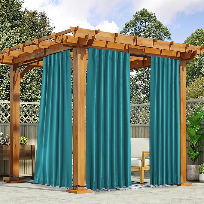 NICETOWN 2 Panels Outdoor Curtains Waterproof Pocket & Back Tab on Top & Bottom, Thermal Insulated Windproof Sun Blocking Outside Privacy Drapes for Patio with Fixed Rope, W52 x L95, Peacock Teal
