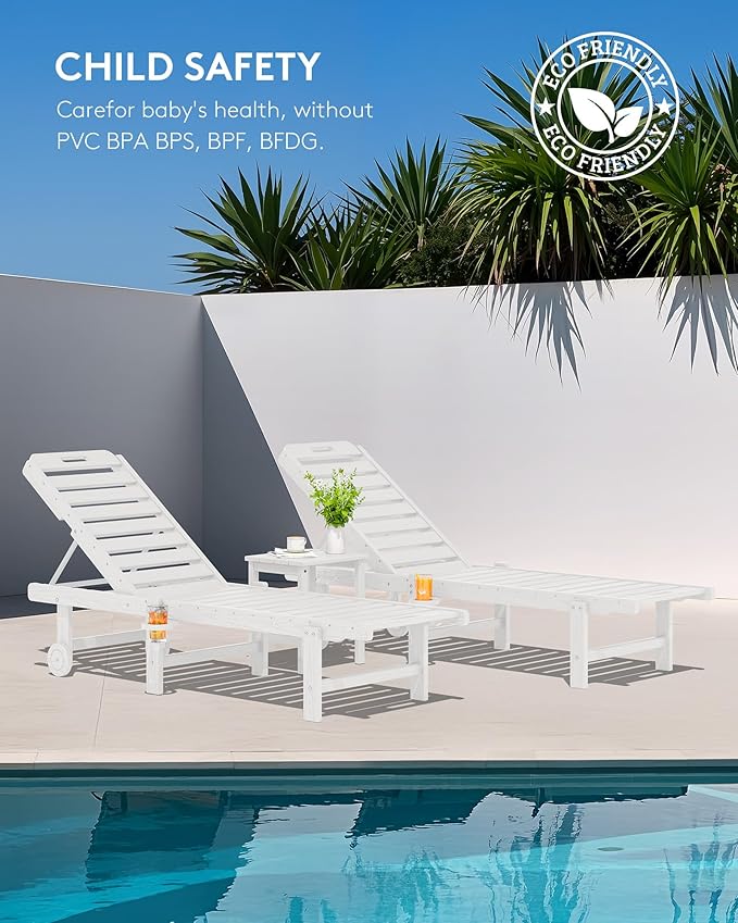 SERWALL Outdoor Chaise Lounge Set of 6, HDPE Pool Lounge Chair with 5-Position Adjustable Backrest, Patio Lounger with Rolling Wheels & Cup Holder for Pool, White