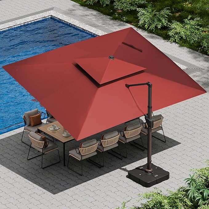 10 X 13 FT Cantilever Patio Umbrella with Led Lights and Base Included Outdoor Heavy Duty Double Top Rectangle Offset Umbrellas with 360-degree Rotation for Pool Deck Backyard, Wine Red