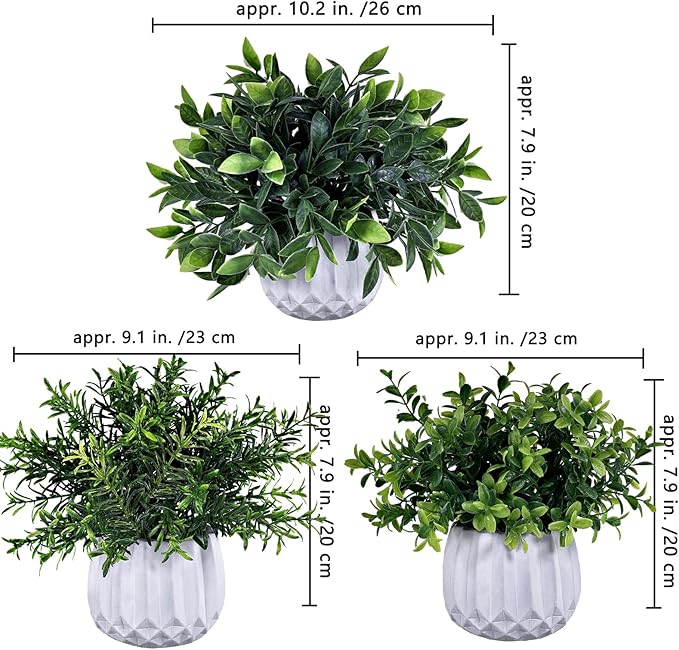 Winlyn 3 Pcs Faux Potted Plants Set - Artificial Eucalyptus, Rosemary, Boxwood Greenery in Small White Geometric Planters for Indoor Outdoor Desk Table Centerpiece Shelf Windowsill Home Office Decor