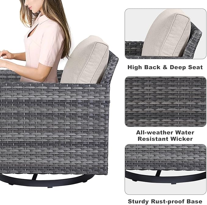 Belord Wicker Patio Furniture 5 Piece Outdoor Sofa Set, Oversize Outdoor Swivel Rocker Chairs with Rattan Ottomans, Conversation Sets Patio Furniture Come with Removable Washable Cushion Beige
