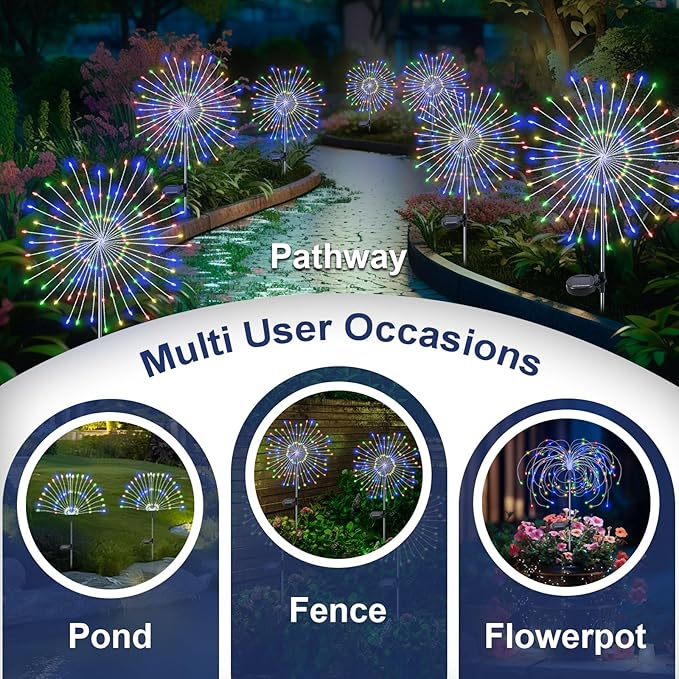 Solar Garden Lights Outdoor, 4 Pack 120 LED Twinkling Firework Lights Decorative with 2 Modes, Outdoor Waterproof Solar Starburst Light for Outside Yard Pathway Garden Decor, Multicolor