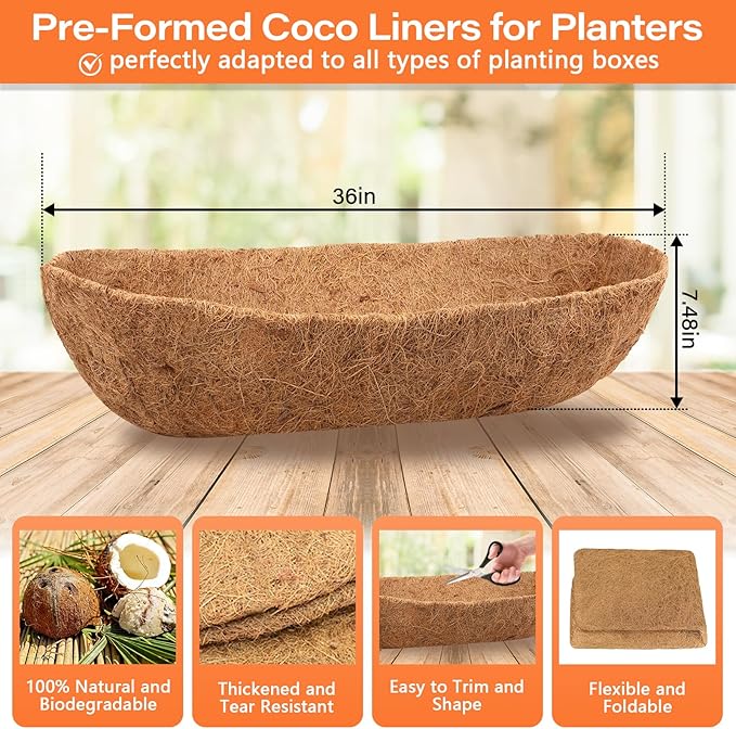 Legigo 2PCS 36 Inch Natural Trough Coco Coir Liners Planters Replacement, Pre-Formed Window Basket Coconut Coir Fiber Liner for Garden Window Flower Box Pots, Fence Trough Planter, Wall Planter Basket