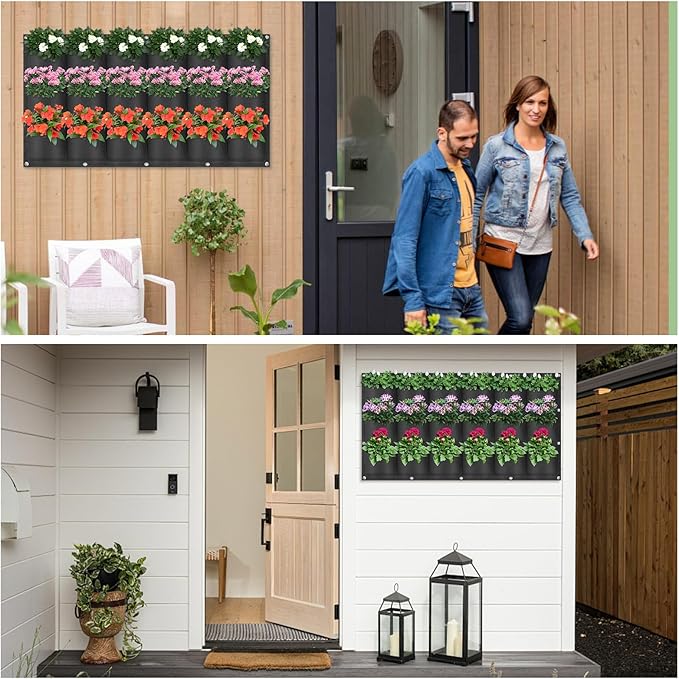 LITLANDSTAR 18 Pockets Hanging Grow Bags, 2 Pack Horizontal Wall Planter Plant Grow Bags Outdoor Indoor Hanging Planter for Balcony/Railing/Fence/Yard/Garden/Home Decoration, Black