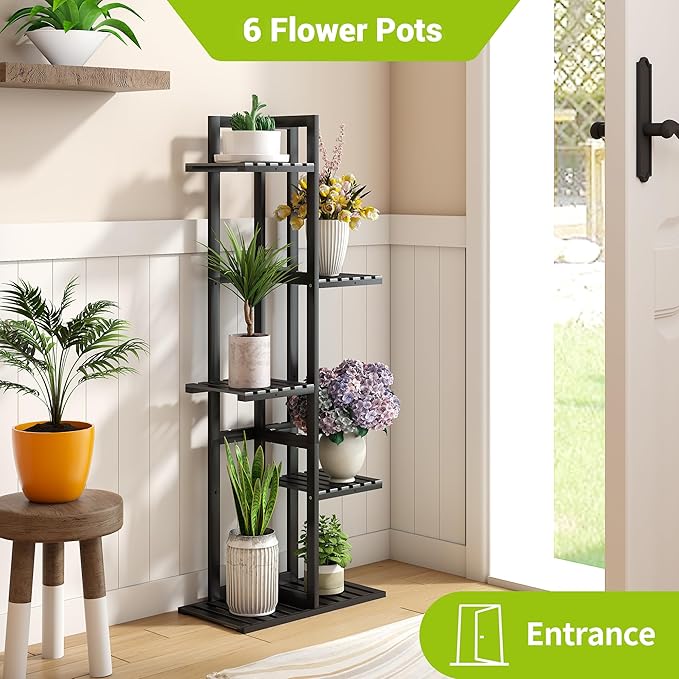 BMOSU Bamboo Plant Stand for Indoor Outdoor Plants Corner Tall Plant Shelf 6 Potted Holder Shelf Plant Rack Holder Display Rack(Black)