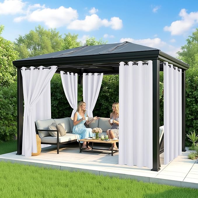 White Outdoor Curtains for Patio Waterproof - 8 Panels Privacy Weatherproof Outside Curtains with Grommets for Pergola, Gazebo, Porch, Cabana, Balcony, 54 x 95 Inch