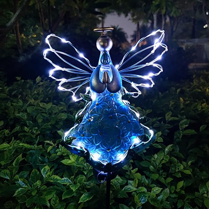 38Inch Angel Solar Lights Outdoor Decorative-Metal&Glass Angel Blue Hydrangea Flower Garden Stake- Waterproof 30 Warm White LED for Remembrance & Sympathy Gifts（Blue）