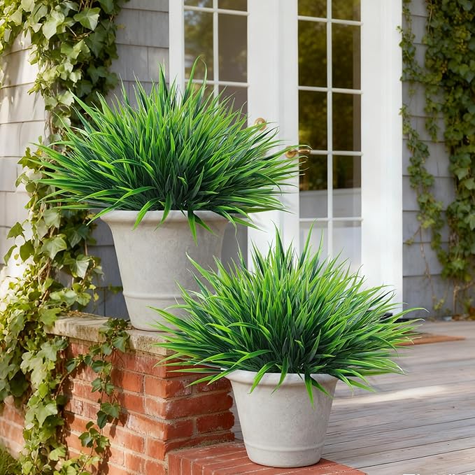12Pcs Artificial Plants Outdoor Fake Plastic Grass Spring Decoration UV Resistant Faux Greenery Stems Bushes Outside Fake Plants for Planters Patio Porch Window Box Pathway Garden Home Decor, Green