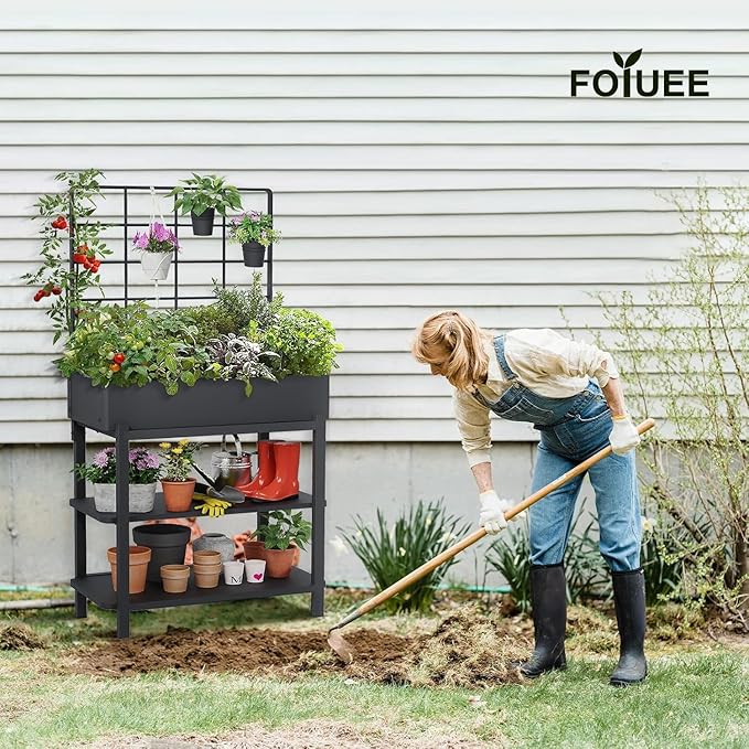 Metal Raised Garden Bed with Trellis & 2-Tier Storage Shelf, Elevated Planter Box with Legs -Includes 3 Flower Pots, Outdoor Vertical Garden for Vegetables Herbs Climbing Plants Patio Balcony