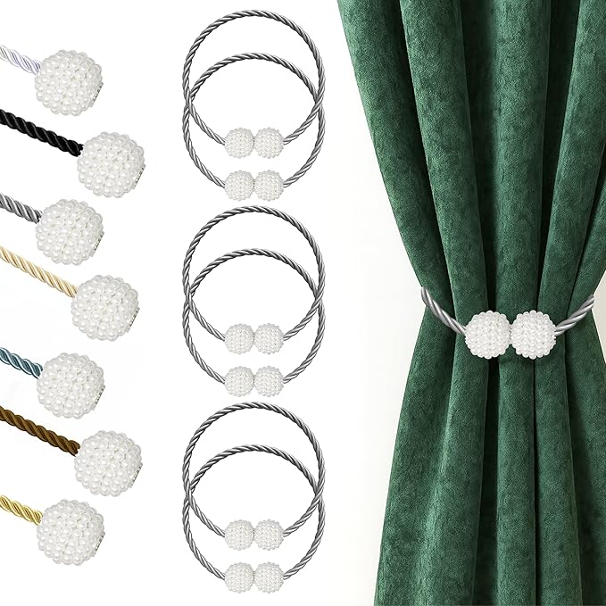 Hion Magnetic Curtain Tiebacks Grey 6 Pack, Curtain Tiebacks Buckles Holdbacks Holders Hooks Clip for Home Bedroom Office Decorative Thick or Thin Curtain